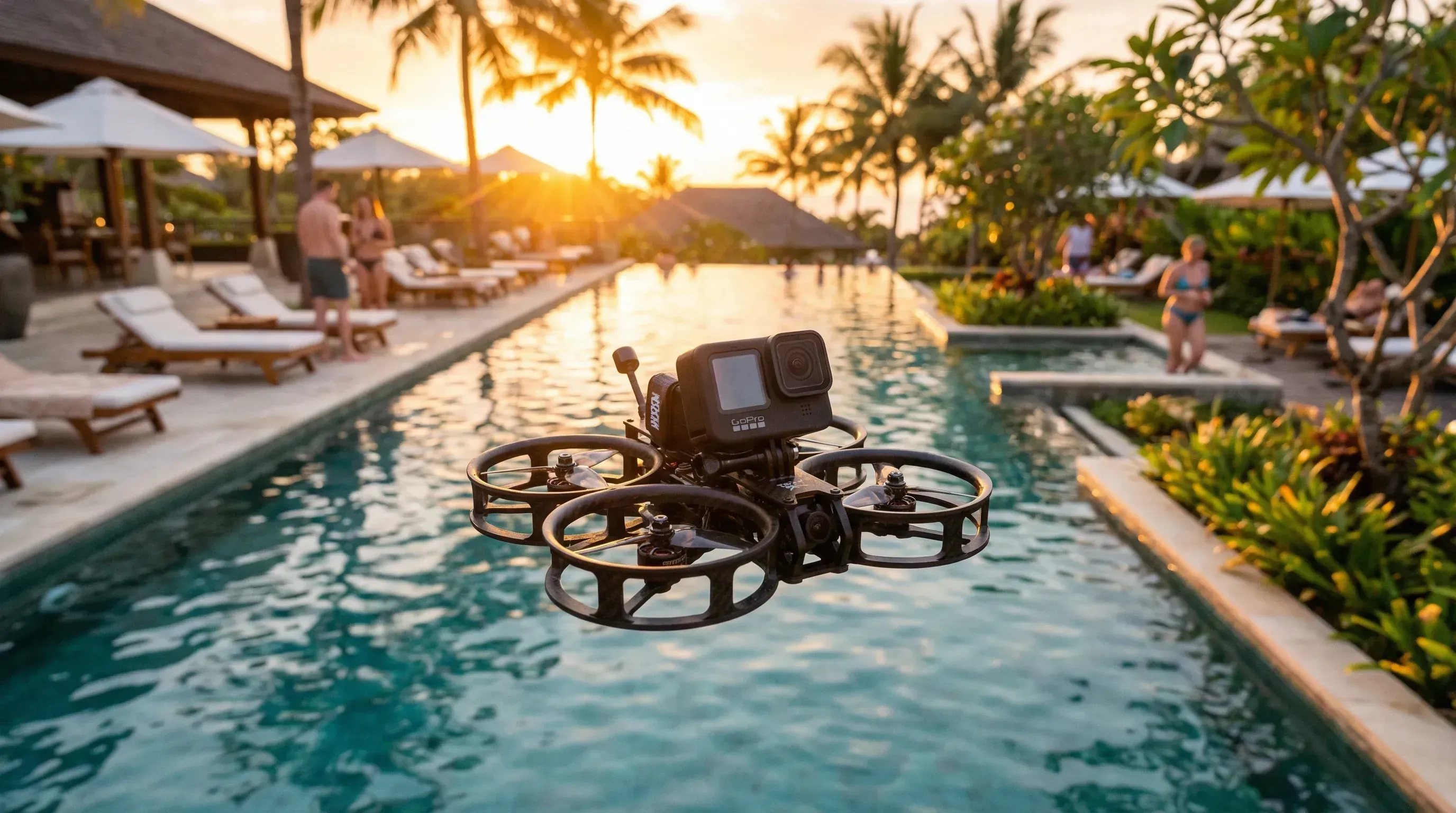 KI-generiert: FPV-Aufnahme einer luxuriösen Hotelaussenanlage mit Pool