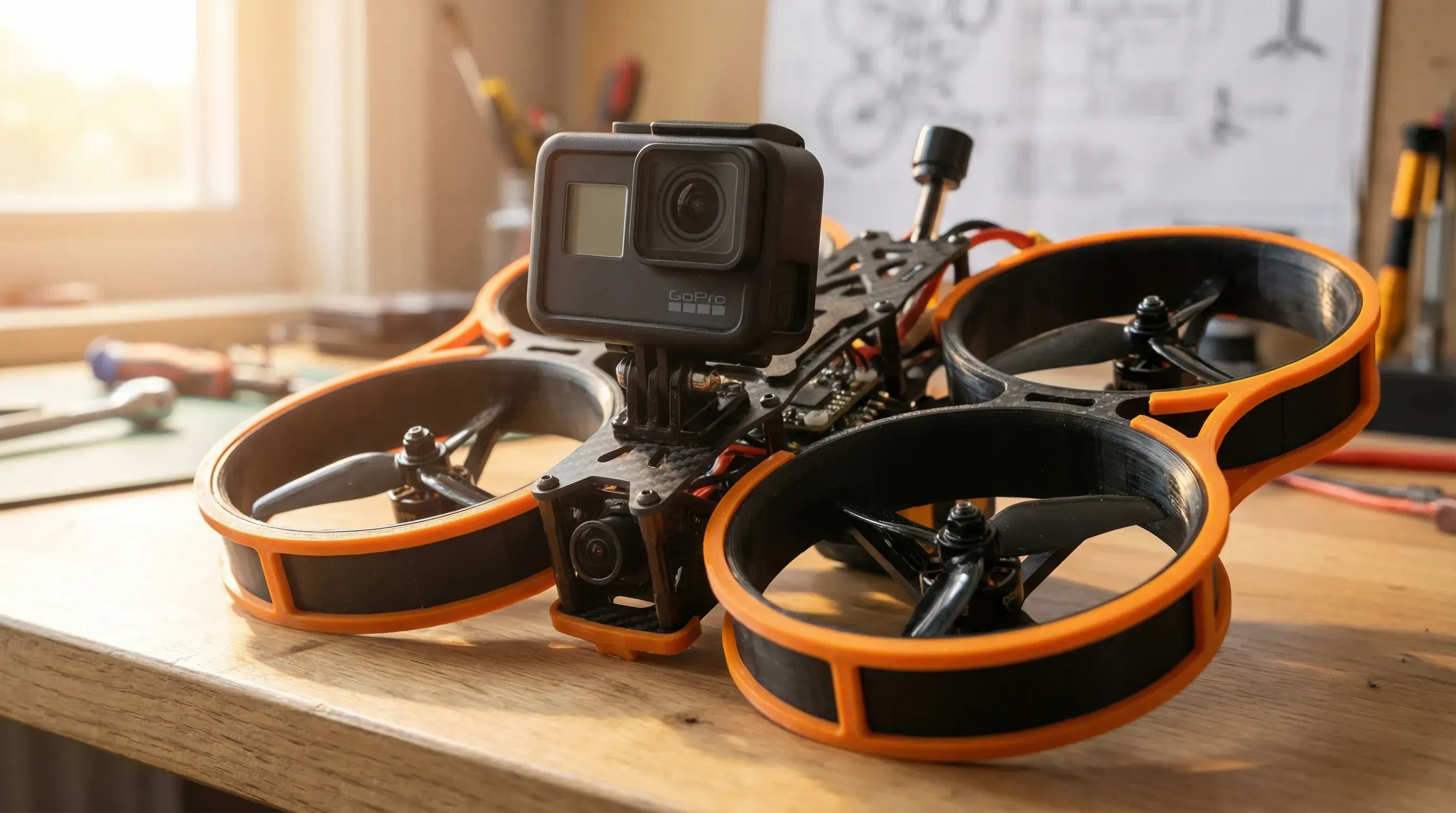 KI-generiert: Cinewhoop-Drohne mit GoPro auf einer Werkbank