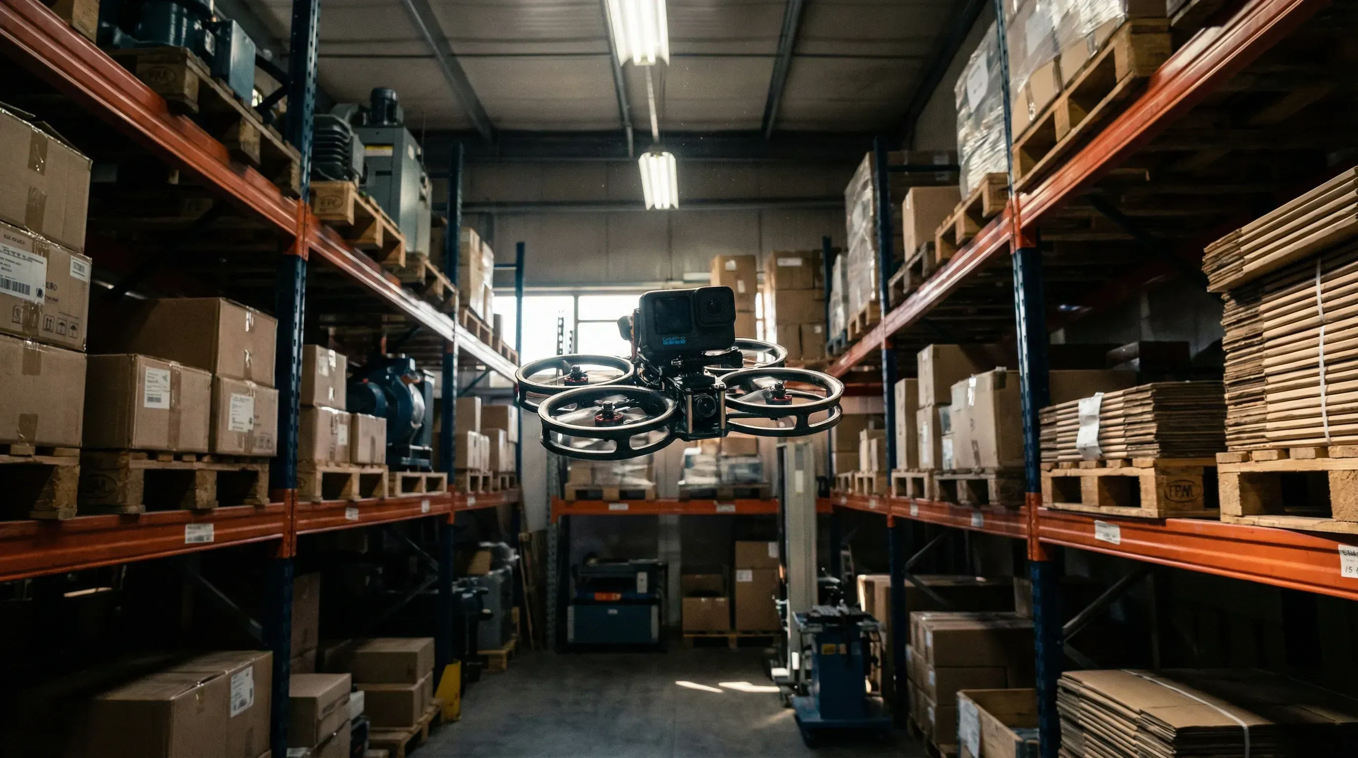 KI-generiert: FPV-Drohne fliegt durch Lagerregale