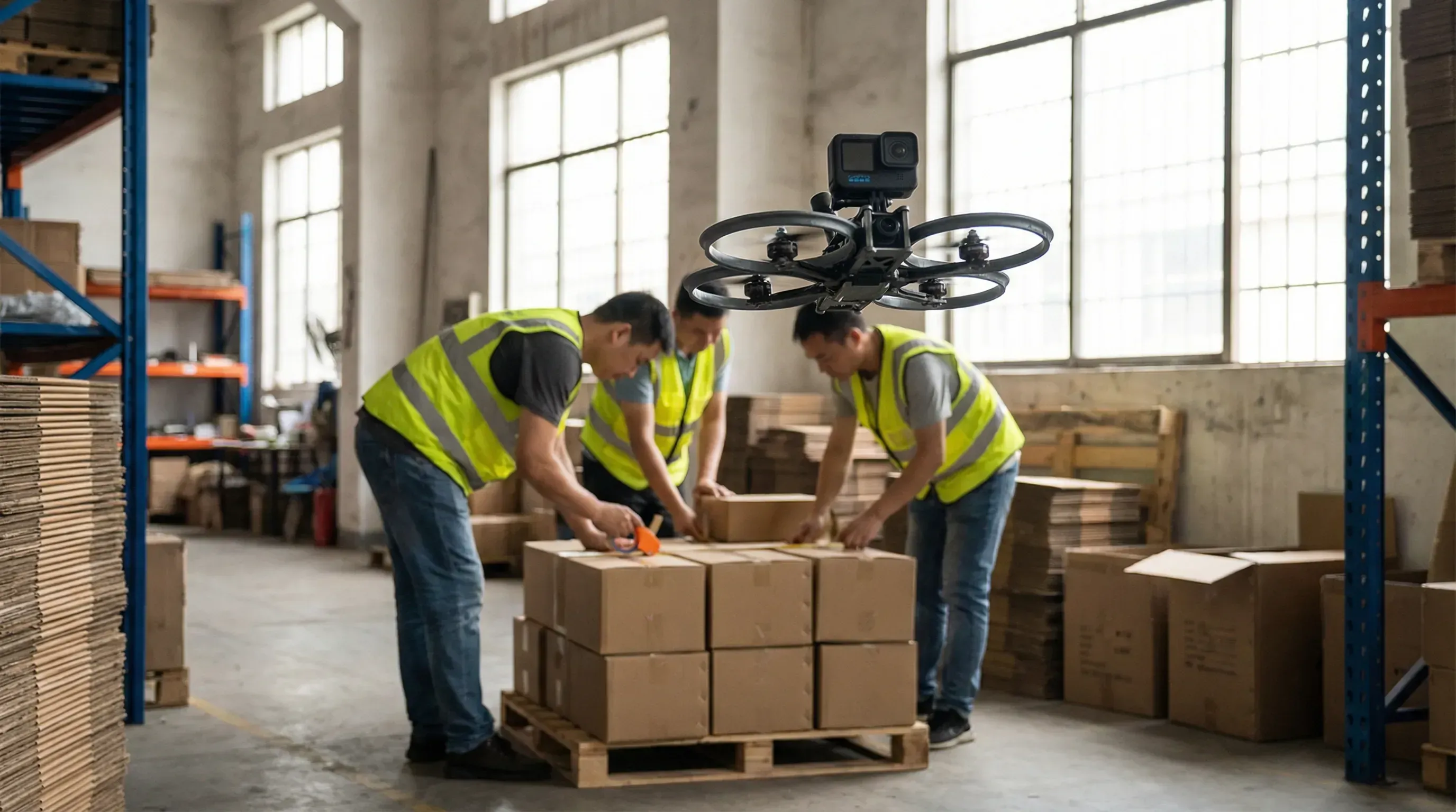 KI-generiert: FPV-Drohne über Mitarbeitern beim Einräumen
