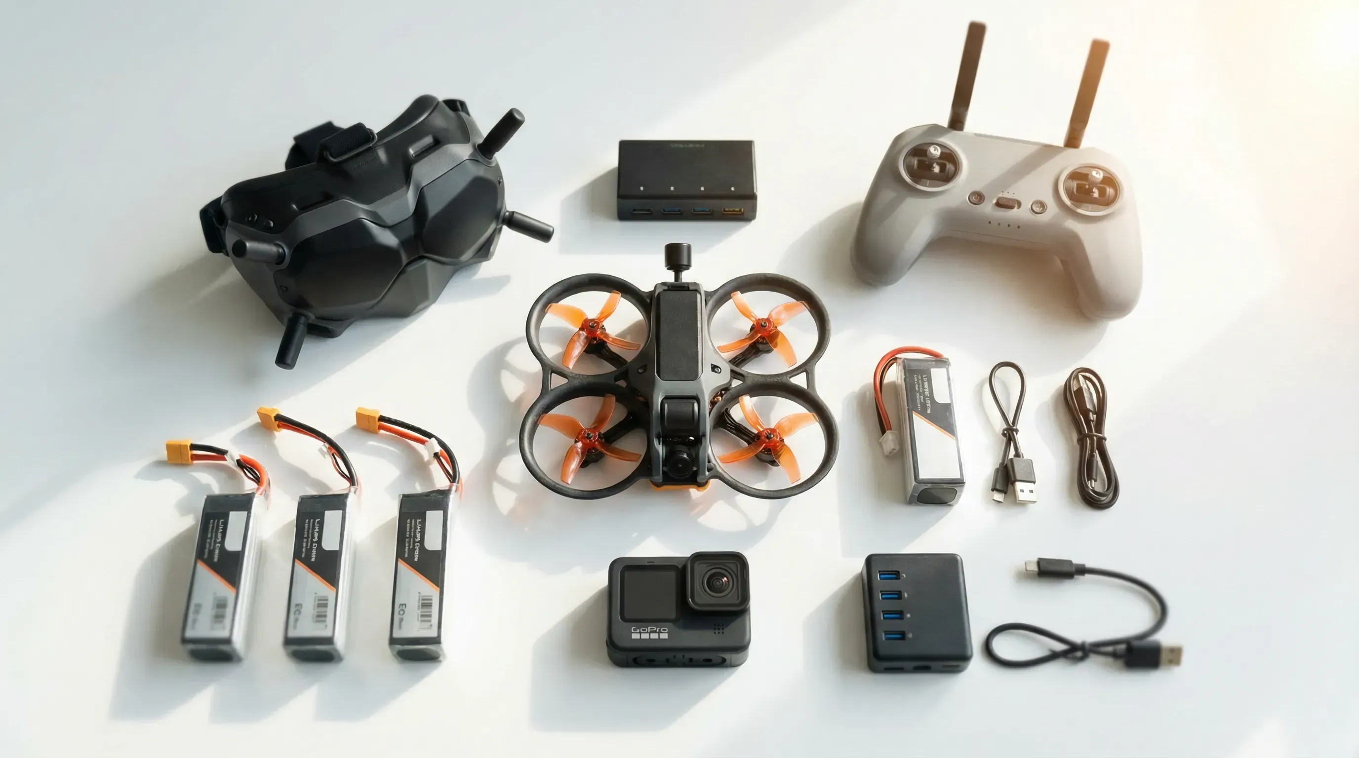 KI-generiert: FPV-Equipment im Überblick: Cinewhoop-Drohne, FPV-Brille, Controller und Zubehör