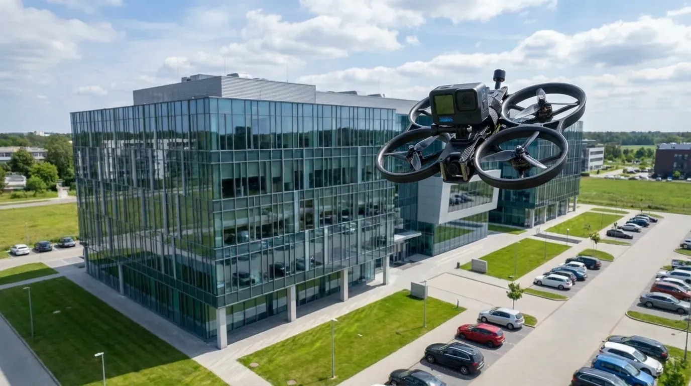 FPV-Drohne über Firmengelände