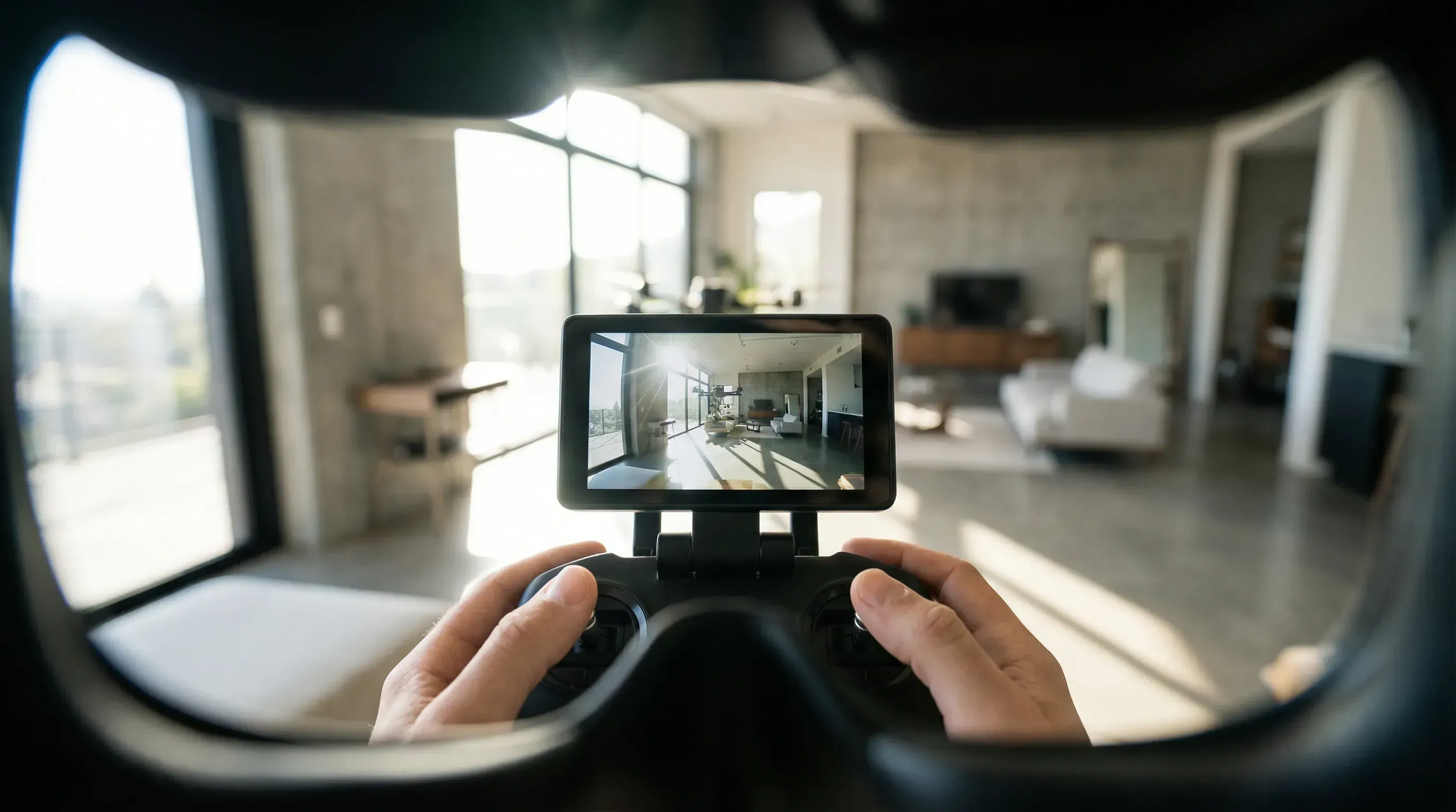 KI-generiert: Blick durch eine FPV-Brille mit Live-Videofeed auf dem Controller