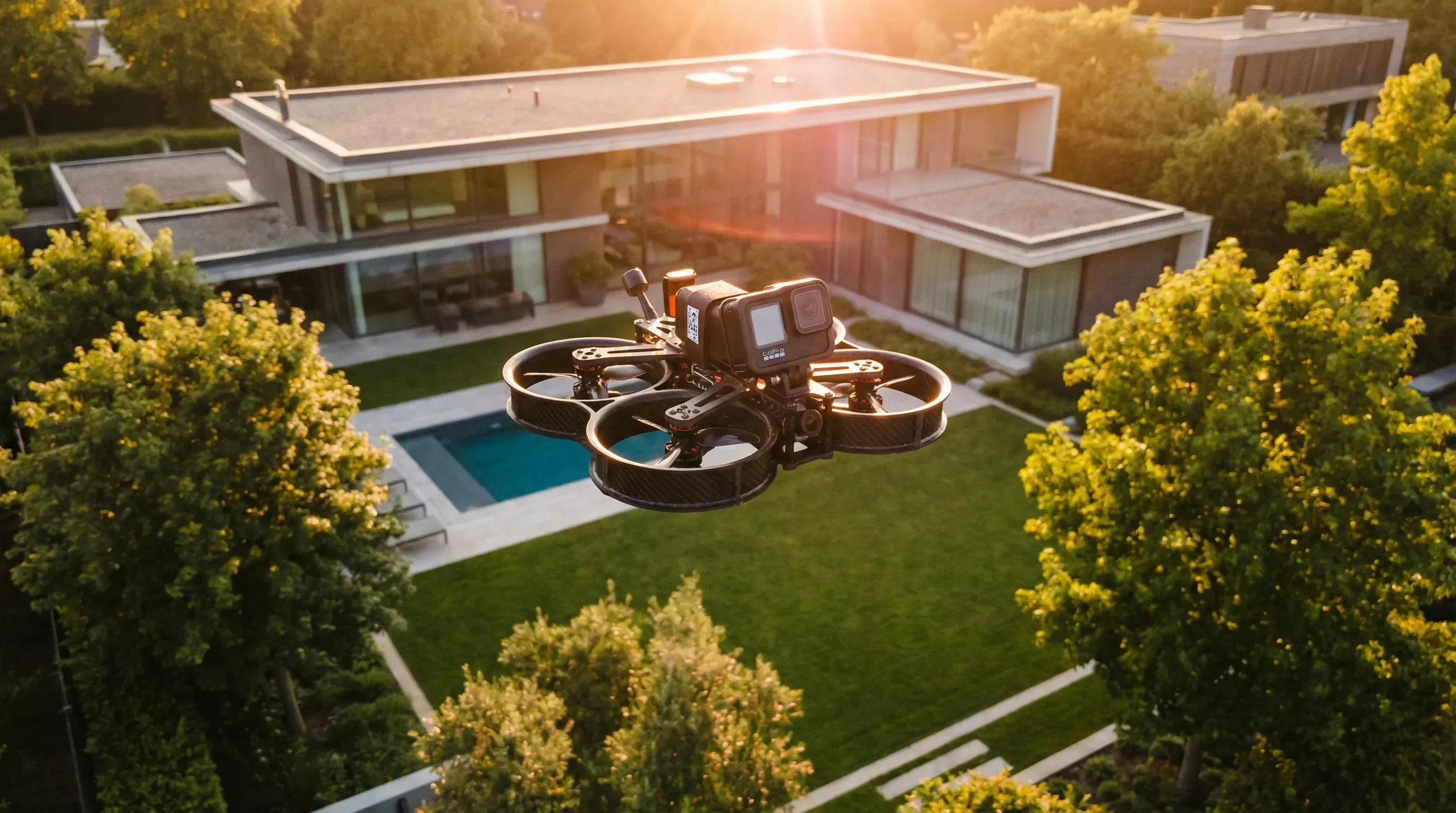 KI-generiert: FPV-Drohne über Grundstück mit Haus bei Golden Hour