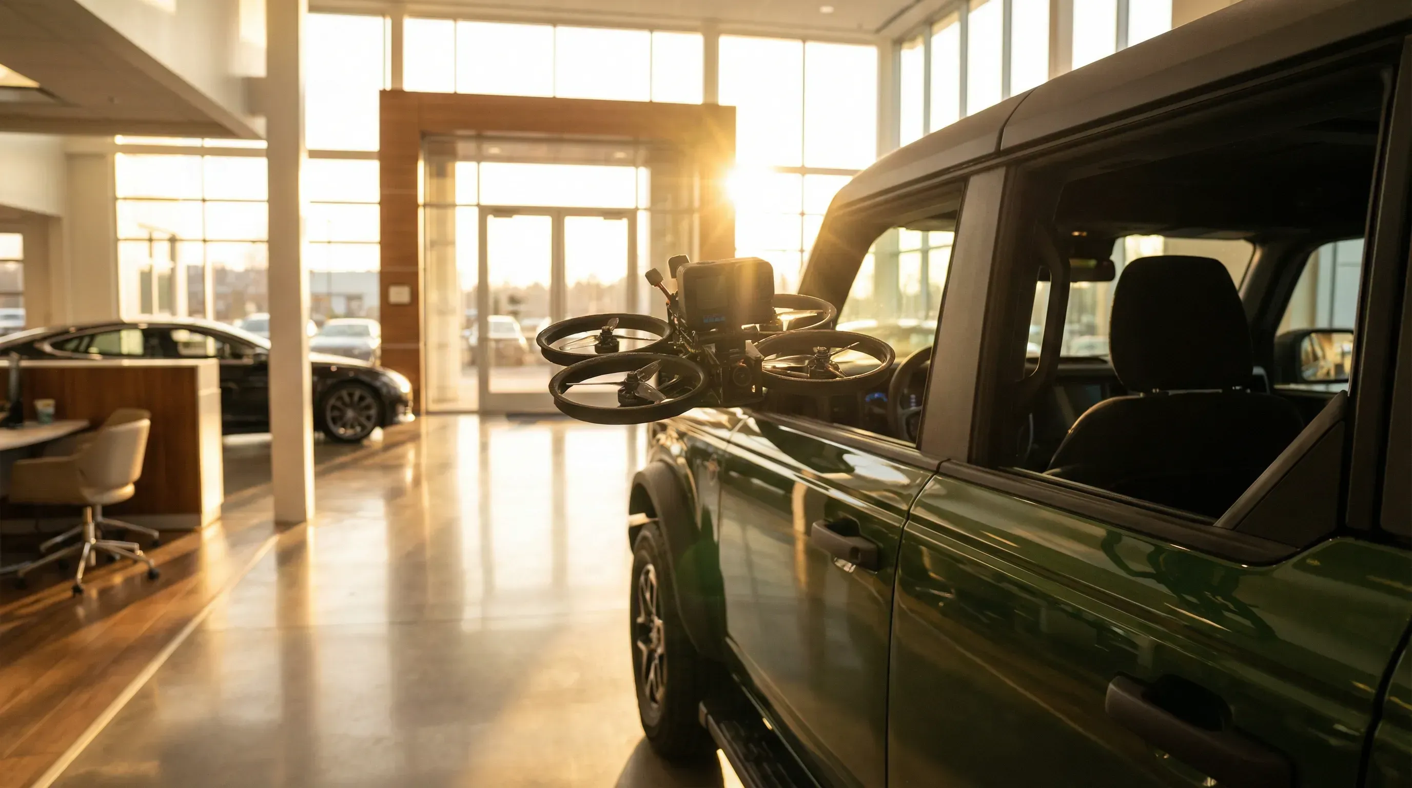 KI-generiert: FPV-Drohne fliegt durch einen Ford Bronco im Autohaus-Showroom