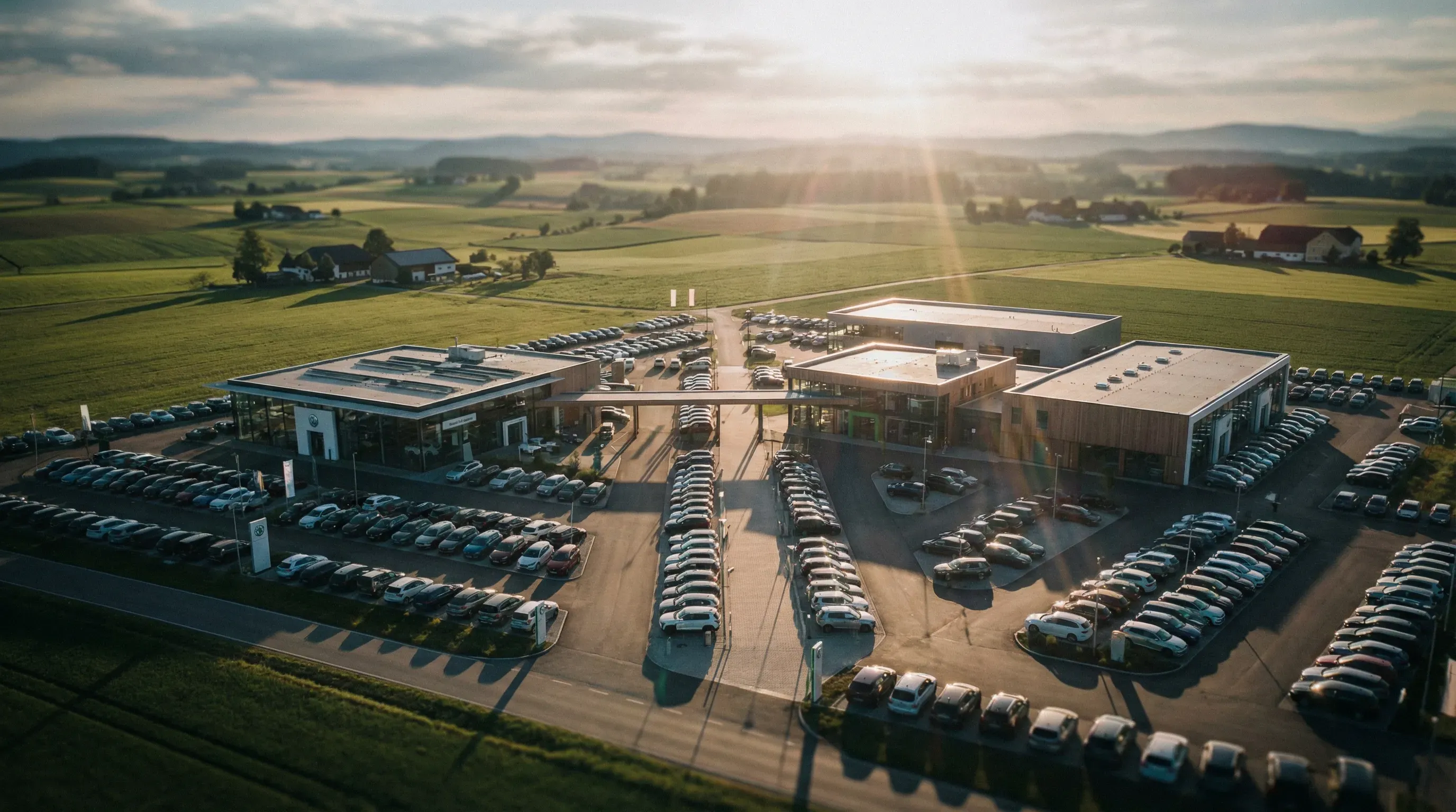 Luftaufnahme eines Autohaus-Komplexes mit mehreren Standorten