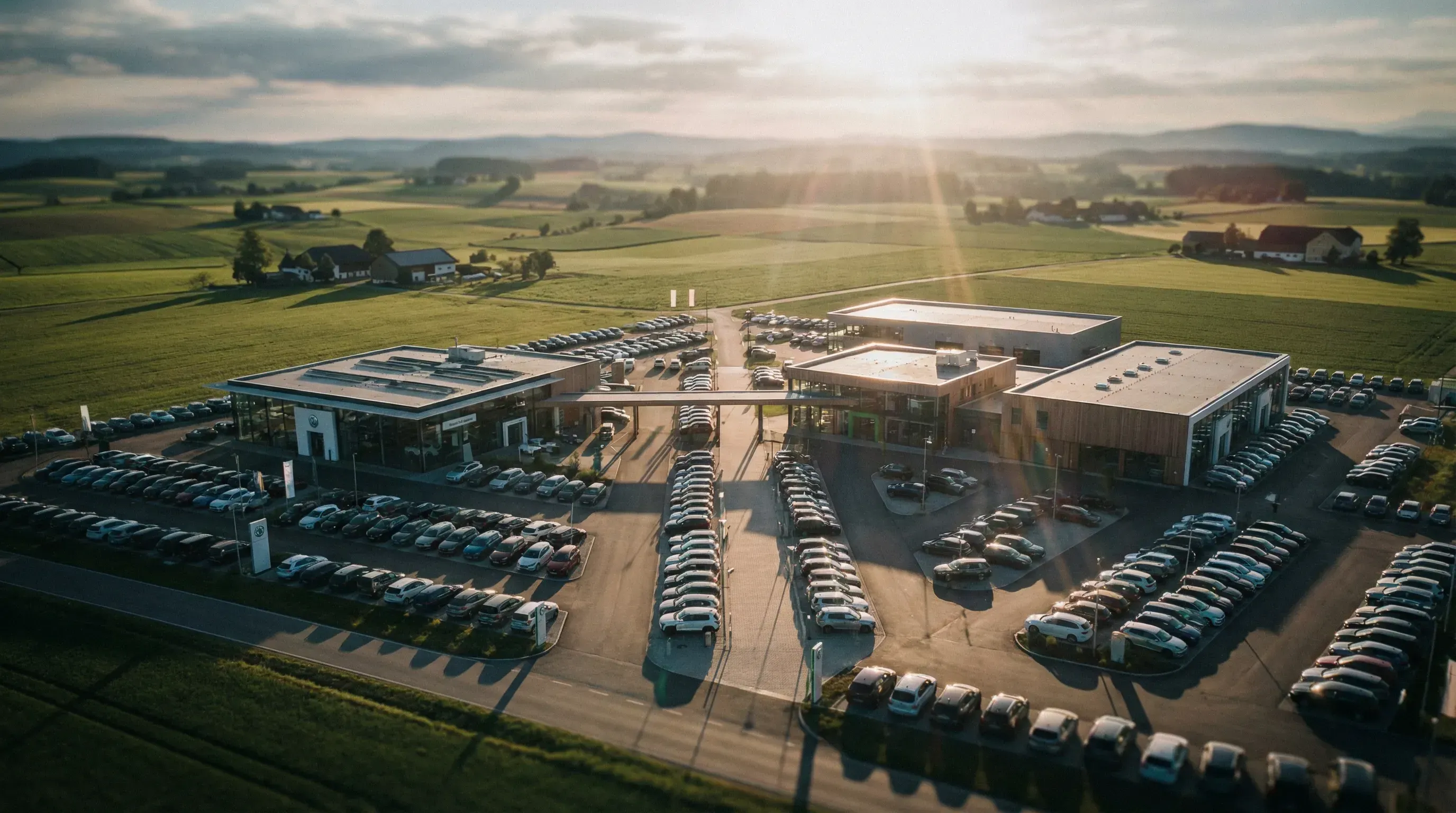 KI-generiert: Luftaufnahme eines Autohaus-Komplexes mit mehreren Standorten