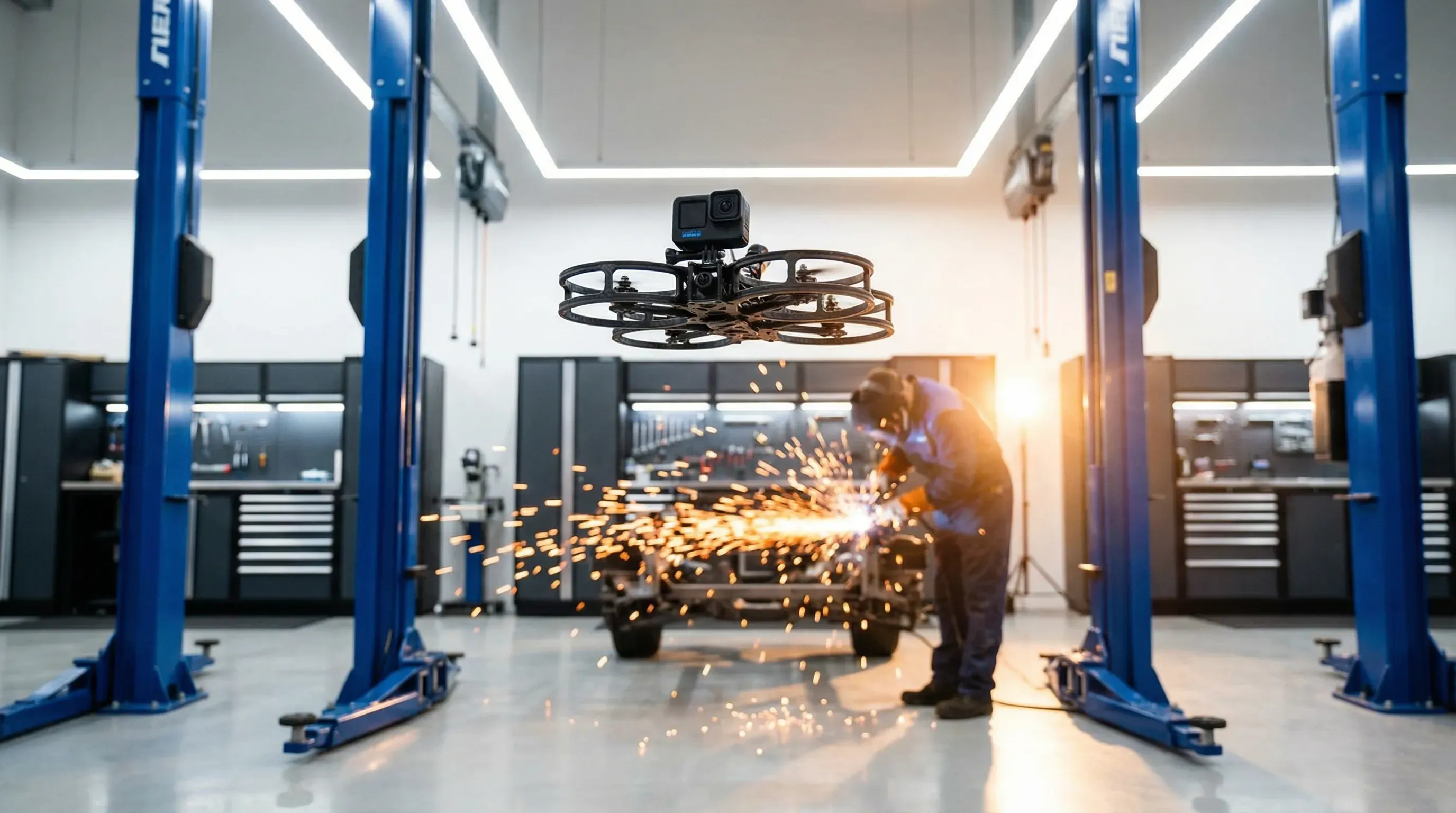 FPV-Drohne fliegt durch eine aktive Werkstatt mit Schweißfunken