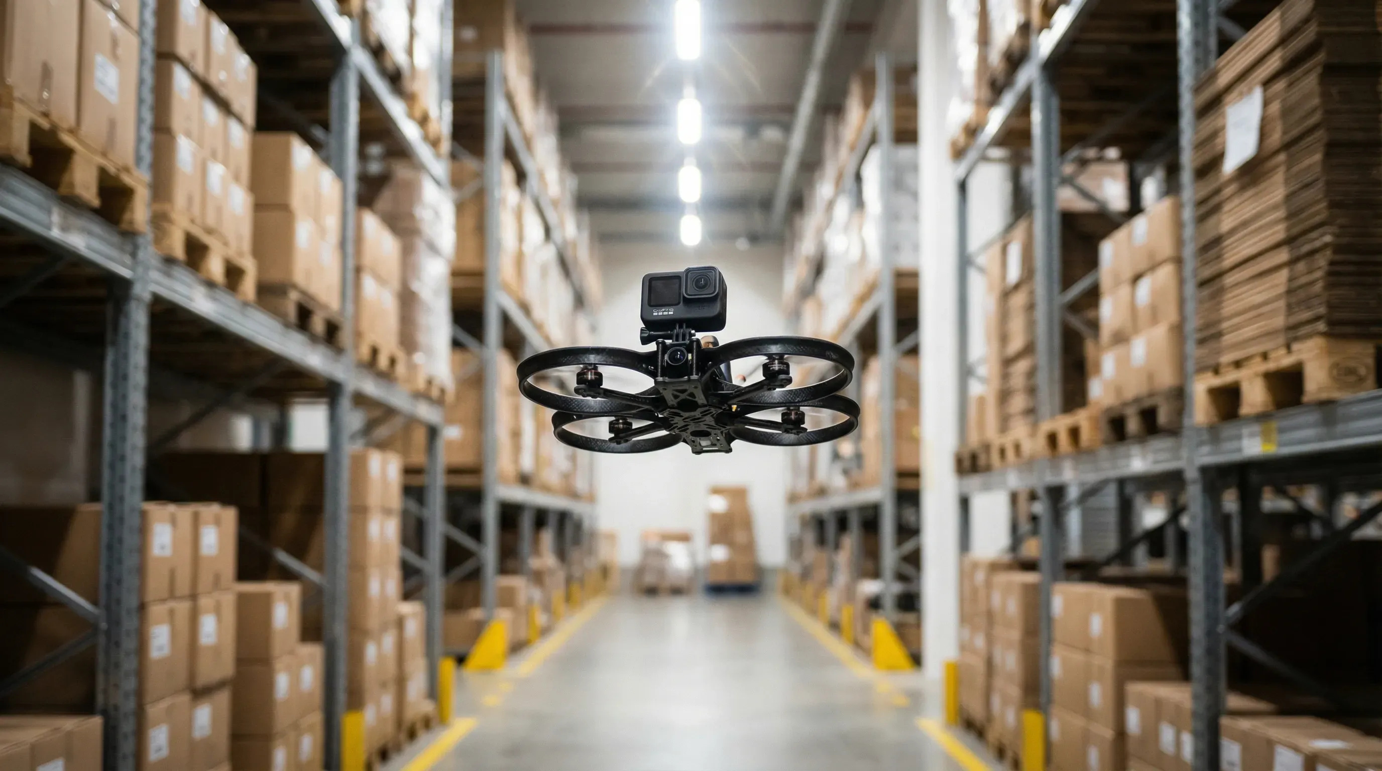FPV-Drohne fliegt durch einen Lagergang zwischen hohen Regalen