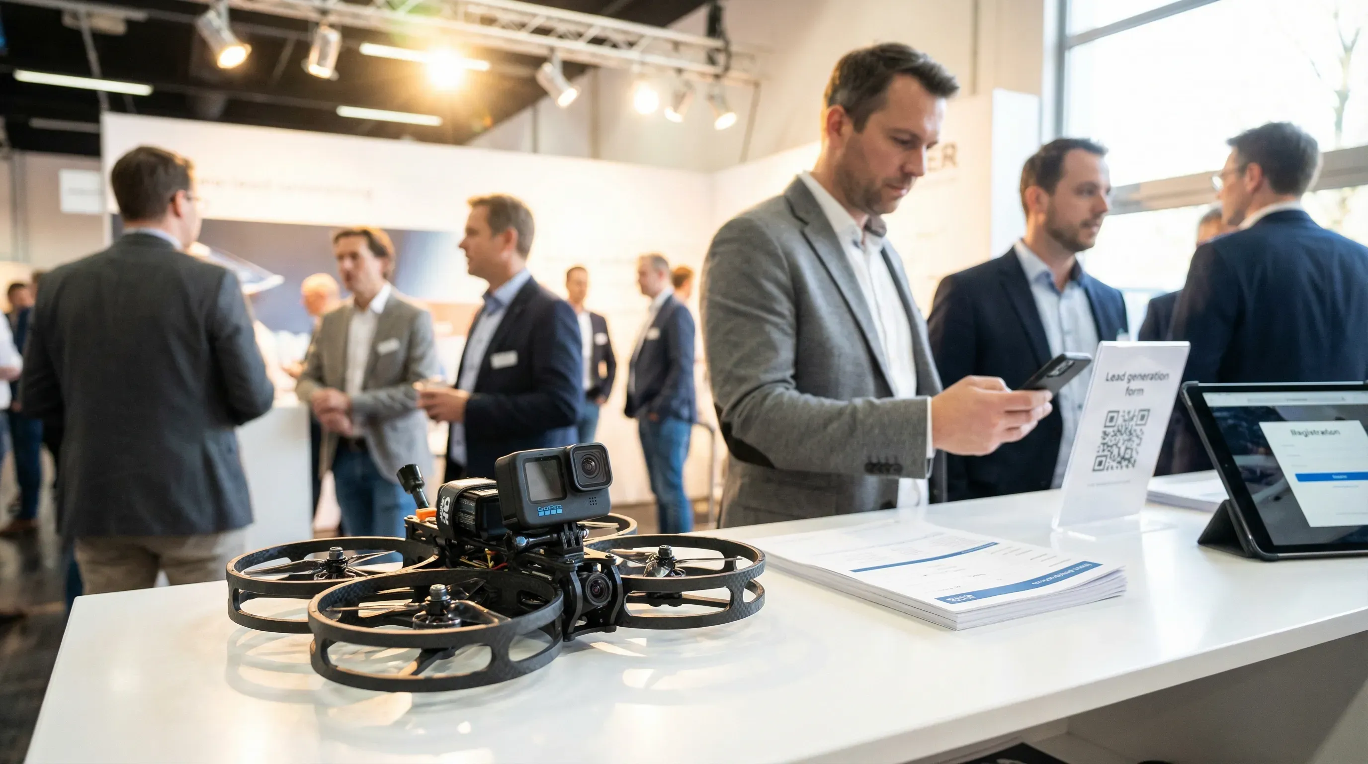 FPV-Drohne auf Messestand mit interessierten Besuchern