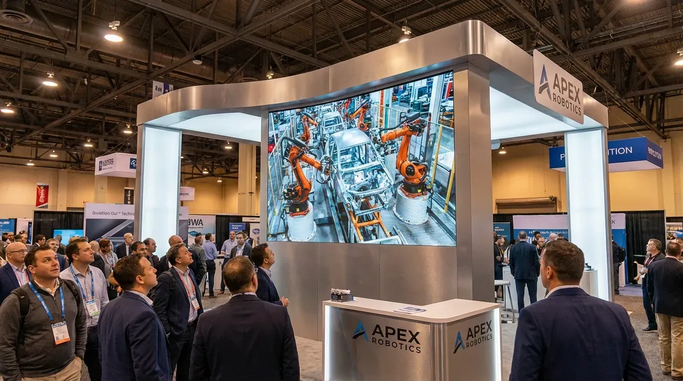 Messestand mit FPV-Video auf Großbildschirm