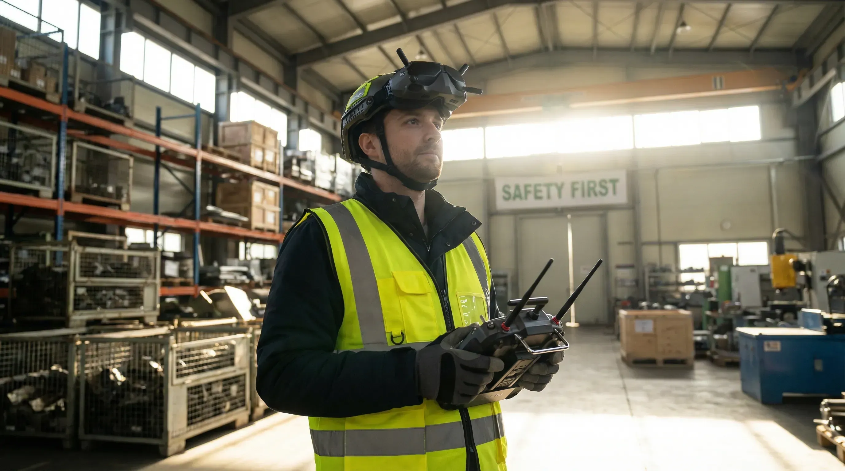 KI-generiert: Professioneller FPV-Pilot mit Sicherheitsausrüstung in einer Lagerhalle
