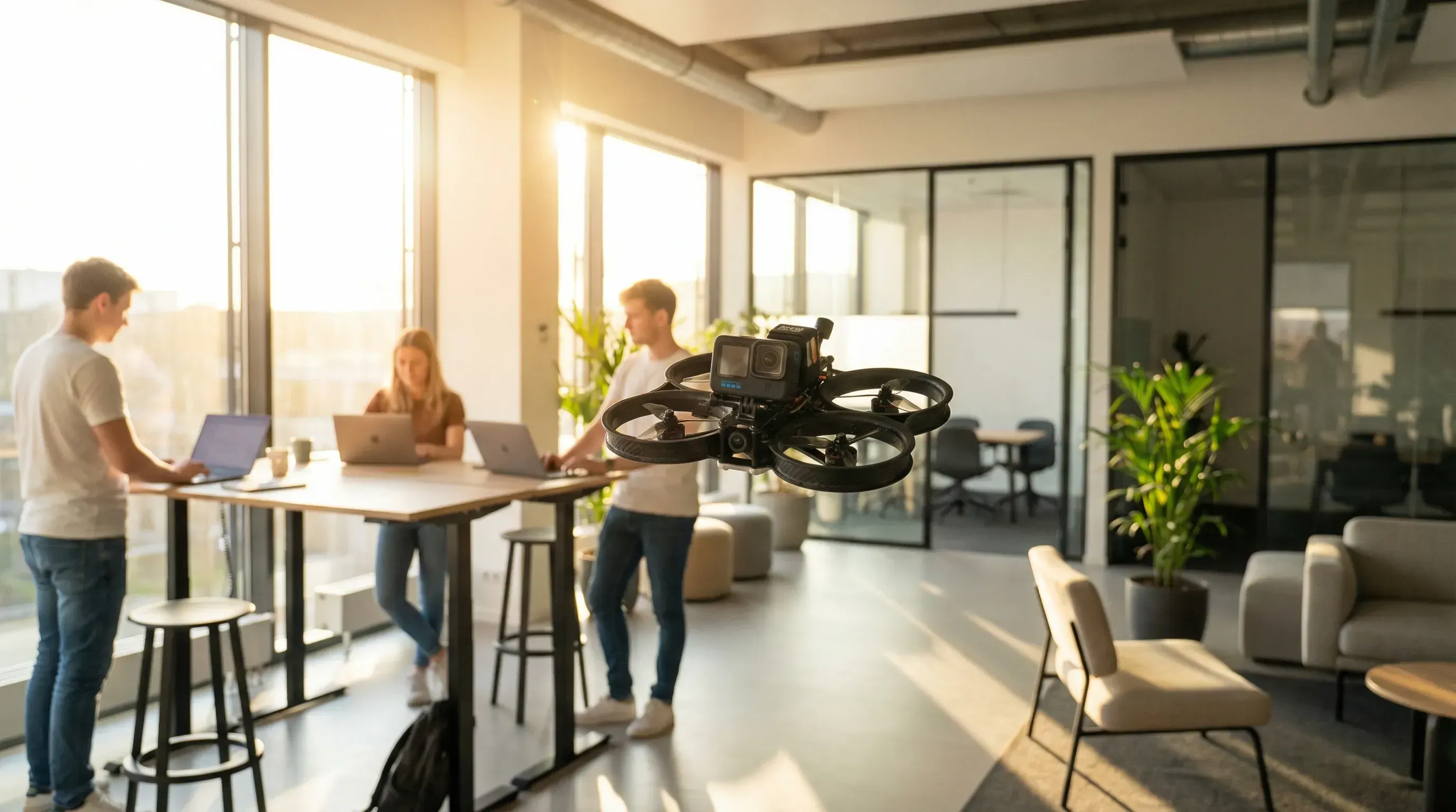 KI-generiert: FPV-Drohne in modernem Büro für Employer Branding
