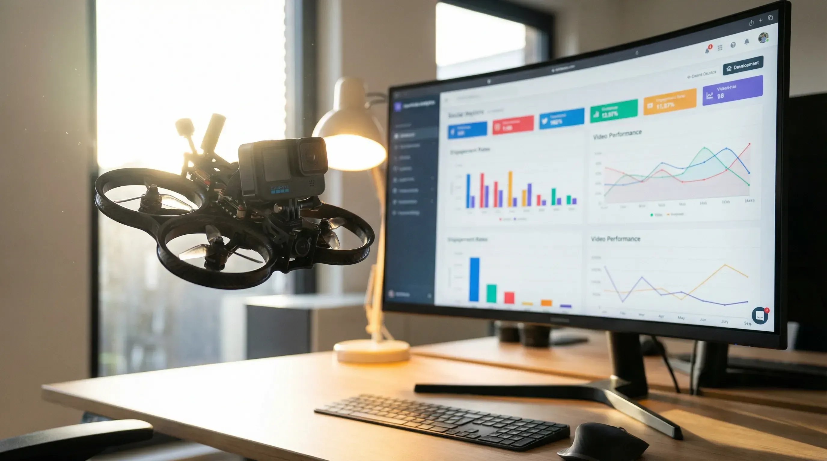 KI-generiert: Social Media Dashboard mit FPV-Video Performance