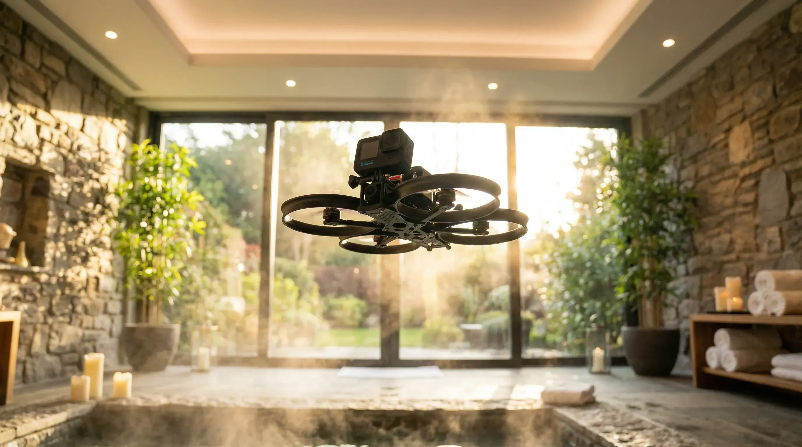 KI-generiert: FPV-Drohne im Wellness- und Spa-Bereich eines Hotels